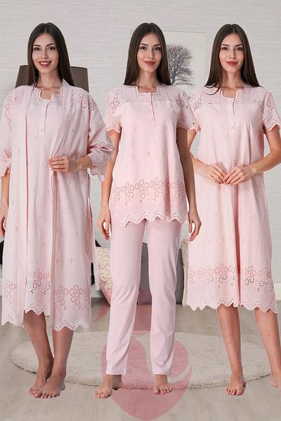 by İGP Scalloped Cotton Maternity Dressing Gown Nightgown Pajama Set Set of 4
