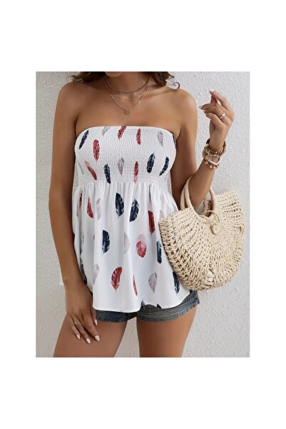 MODA Women's Leaf Patterned Chest Gimped Moscope Strapless Blouse