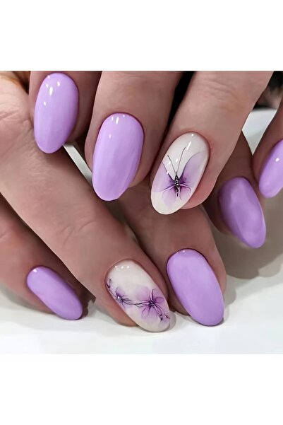 Rediquis 24 Adet Mor Kelebek ve Çiçek Tasarımlı Oval Takma Tırnaklar