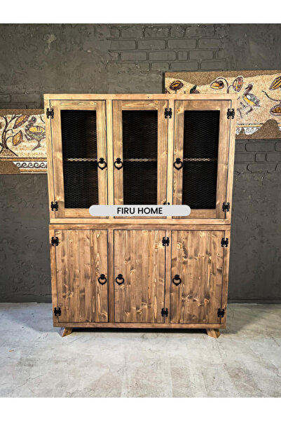 FIRU HOME Rustik Masif Ahşap Vitrin Dolap Geniş Depolama Alanlı, Çam Ağacı El...