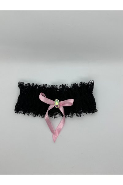 Creative Box Siyah Dantel, Fırfırlı, Pembe Kurdele Ve Kristal Taşlı, Bacak Bandı