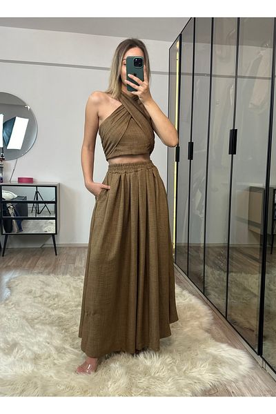 NET OF NOT Kahlan Brown Elastic Waist Raw Linen Fabric Skirt Blouse Set