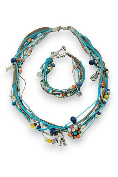 dela otantik Bohemian Style Handmade Necklace and Bracelet Set – Blue Tones Authentic Ethnic Vintage Beaded Jewelry