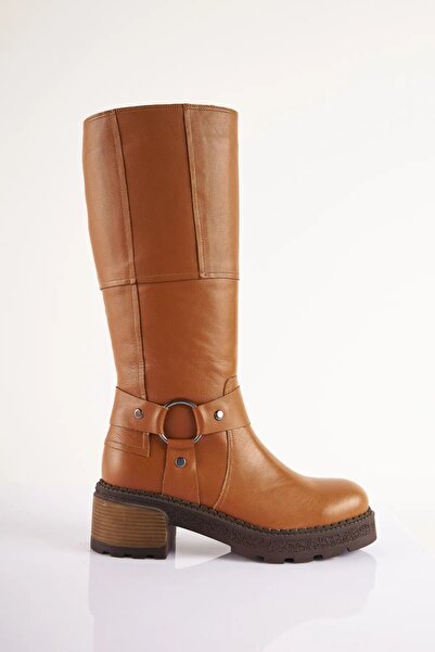 SU SHOE BOUTIQUE NO62 Taba Hakiki Deri Çift Tokalı Biker Çizme