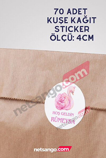 Netsan Etiket 4cm Kuğu Desen İsme Özel Bebek Hediyelik Etiketi - 70 Adet - İS...