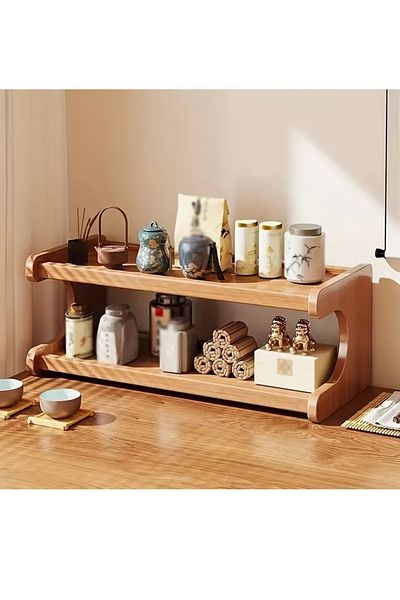 DDF Bamboo Wooden Storage Rack, Multi-Purpose Organizer for Teacups, Teapots, and Tableware Display