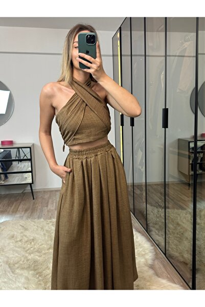 NET OF NOT Kahlan Brown Elastic Waist Raw Linen Fabric Skirt Blouse Set