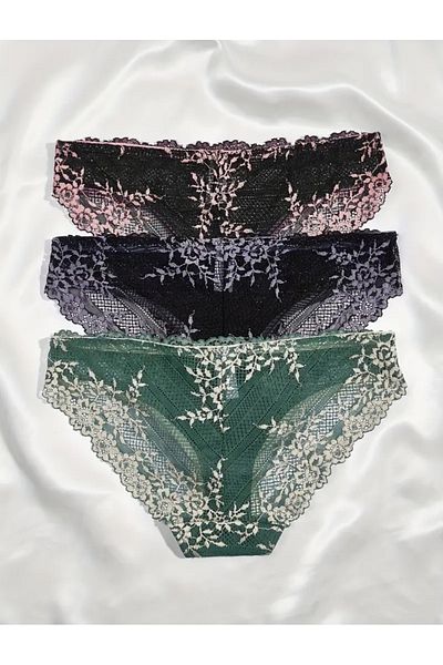 SS HOME CONCEPT 3-Piece Large Size Lace Panties, 3-Piece Panties with Guipure Detail