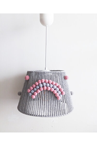 C&A&B KUZEY AVİZE Gri Makrome Ip Sargı Ponponlu Gökkuşağı Aplike Kız Bebek Ve Çocuk Odası Tasarım Sarkıt Avize