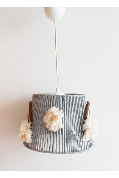 C&A&B KUZEY AVİZE Gray Macrame Rope Wrap - Handmade Chandelier with Rainbow Applique and Pompom for Baby Girls and Children's Room (30)