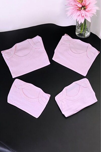 Lui Baby 4'lü Ekonomik Paket %100 Pamuk Çıtçıtlı Bebek Body Zıbın Uzun Kol 3/6/9/12 Ay Pembe Renk