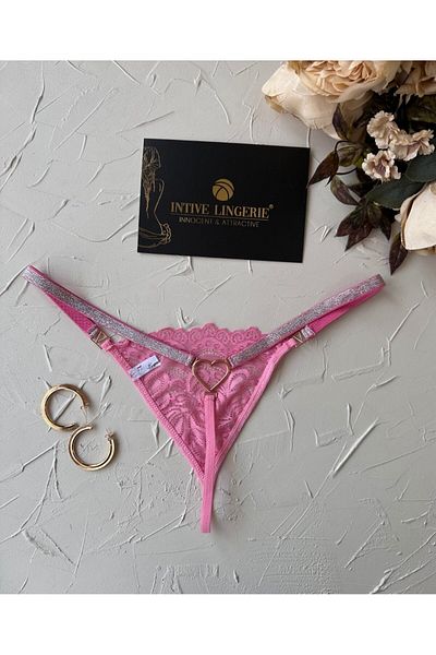 İntive Lingerie Passione Shiny Stripe Detailed Pink/Black Flexible Back Heart Accessory Detailed String