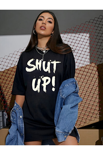 Bheka Concept اصمت! تي شيرت نسائي قطني أسود كبير الحجم مطبوع عليه نص