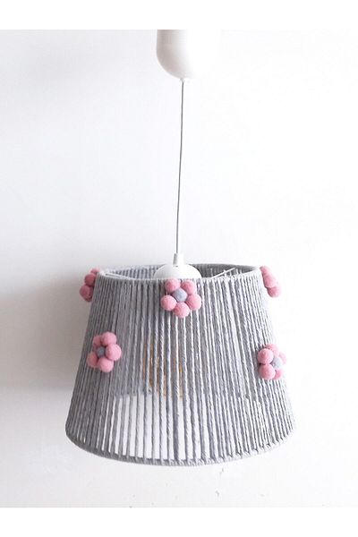 C&A&B KUZEY AVİZE Gray Macrame Rope Wrap Gray Pink Flower Pompom Baby Girl and Children's Room Chandelier