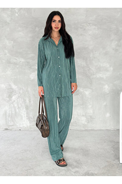 sportiness ПЛІСИРОВАНА ТКАНИНА ЕЛАСТИЧНИЙ ПОЯС ЗРУЧНИЙ КРІЙ ШИРОКІ ШТАНИ СОРОЧКА КОСТЮМ