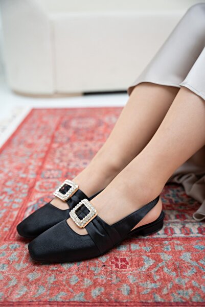 LAMİNTA Ferry Black Satin Gold Women's Ballerinas with Stone Accessories