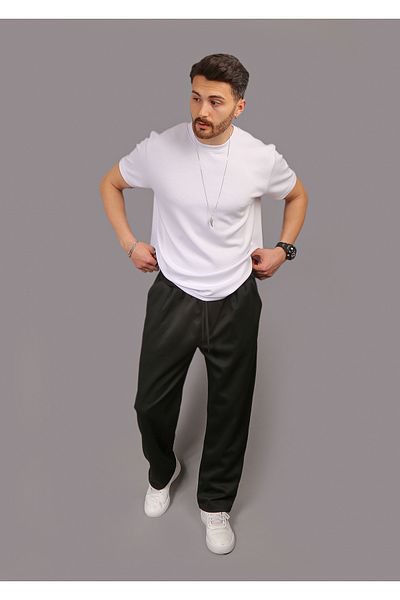 EydaMoon Men's Baggy Loose Cut Pique Trousers with Elastic Waist Original Fit