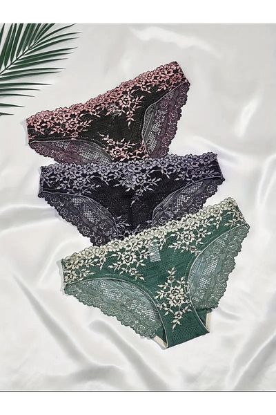 SS HOME CONCEPT 3-Piece Large Size Lace Panties, 3-Piece Panties with Guipure Detail