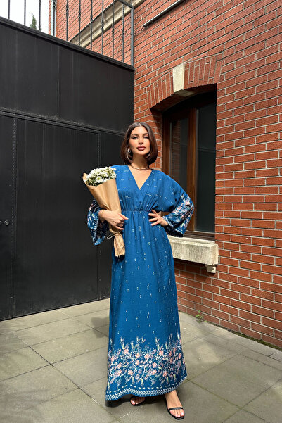 Mezka Anvelop Yaka Desenli Yazlık Viskon Elbise Mavi Desenli