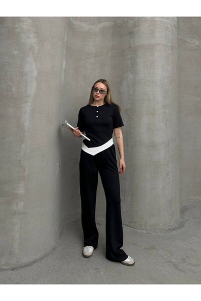 sportiness Asymmetric Top Zero Collar Button Detail Wide Leg Modal Fabric Tracksuit Set