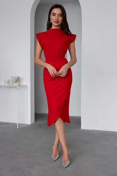Aventien Red Midi Dress with Padded Brooch Detail
