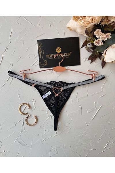 İntive Lingerie Passione Shiny Stripe Detailed Pink/Black Flexible Back Heart Accessory Detailed String