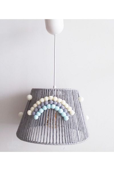 C&A&B KUZEY AVİZE Gray Macrame Rope Wrap Ecru-gray-blue Pompom Rainbow Baby Boy and Children's Room Pendant Lamp Chandelier