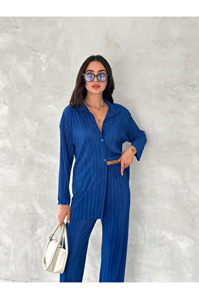 sportiness ПЛІСИРОВАНА ТКАНИНА ЕЛАСТИЧНИЙ ПОЯС ЗРУЧНИЙ КРІЙ ШИРОКІ ШТАНИ СОРОЧКА КОСТЮМ