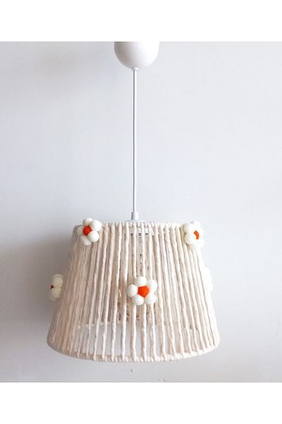 C&A&B KUZEY AVİZE Ecru Macrame Rope Wrap Ecru Orange Flower Pompom Baby Girl and Children's Room Chandelier