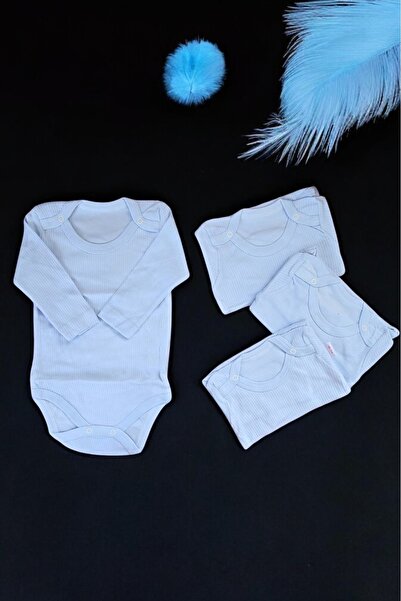Lui Baby 4'lü Ekonomik Paket %100 Pamuk Çıtçıtlı Bebek Body Zıbın Uzun Kol 3/6/9/12 Ay Mavi Renk