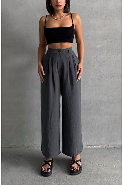 BEJNA Women's Anthracite Modal Summer Pleated Palazzo Trousers