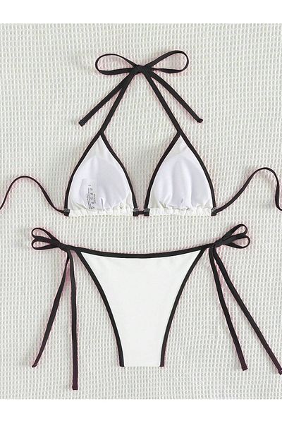 poswicon White Bikini Women's Halter Curled Edge Detail Suspender Bikini Set, Two Piece Bikini