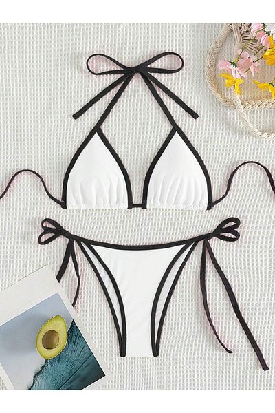 poswicon White Bikini Women's Halter Curled Edge Detail Suspender Bikini Set, Two Piece Bikini