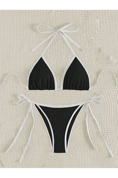 poswicon Black Bikini Women's Halter Curled Edge Detail Strappy Bikini Set, Two Piece Bikini