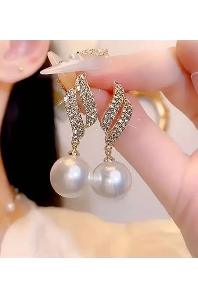 Aksesuar Pearl and Jewelled Gold Colored Leaf Stylish Engagement Henna Wedding Evening Dress Earrings