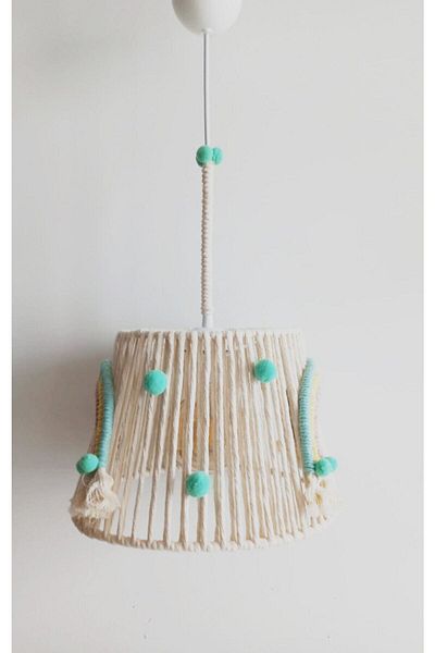 C&A&B KUZEY AVİZE Ecru Macrame Rope Wrapped Rainbow Applique Mint Pompom Baby and Children's Room Chandelier (5)