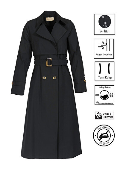 Nihle Soydan Su Itici Kırışmayan Esnek Astarsız Ara Boy Yazlık Trençkot Siyah 7522