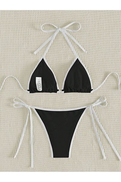 poswicon Black Bikini Women's Halter Curled Edge Detail Strappy Bikini Set, Two Piece Bikini