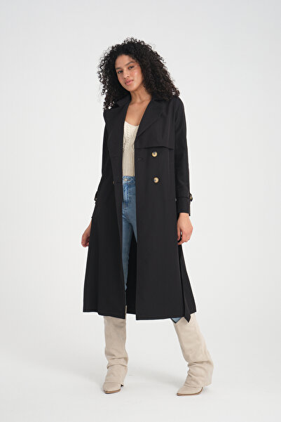 Nihle Soydan Su Itici Kırışmayan Esnek Astarsız Ara Boy Yazlık Trençkot Siyah 7522