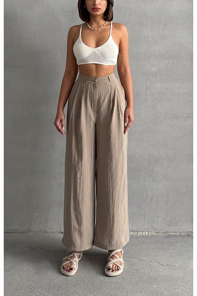 BEJNA Nerzfarbene, modale Sommer-Palazzo-Hose für Damen mit Falten