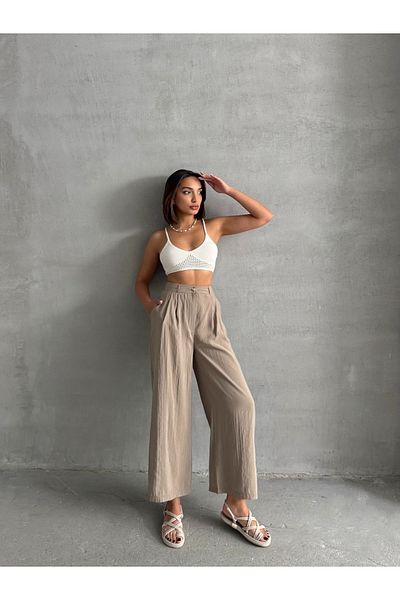 BEJNA Nerzfarbene, modale Sommer-Palazzo-Hose für Damen mit Falten
