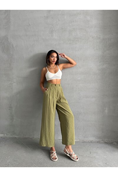 BEJNA Women's Summer Pleated Palazzo Trousers Containing Oil Green Modal