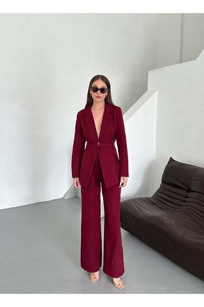 Laluvia Burgunderrotes Slim-Gürtel-Jacken-Hosen-Set - 0364 - 0365