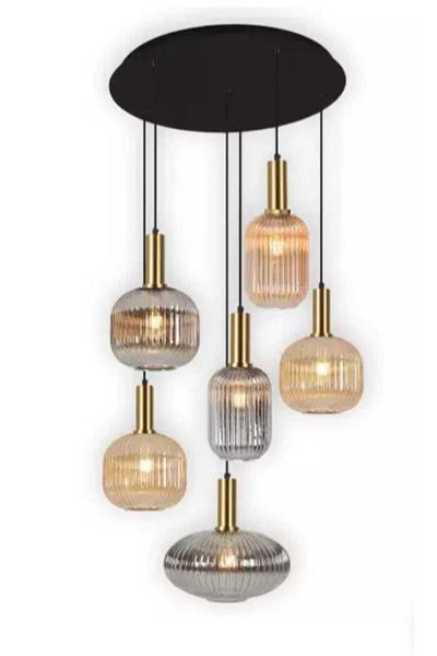 demet habek mylights Mylights Demet Habek Antique Retro Rustic Six-Piece 6-Piece Honey and Smoked Glass Pendant Lamp Living Room Stylish Chandelier