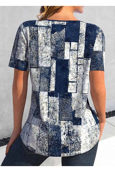 MODAVERA Women's Short Sleeve Lace-Up Collar Bird Eye Detail Single Jersey Blouse