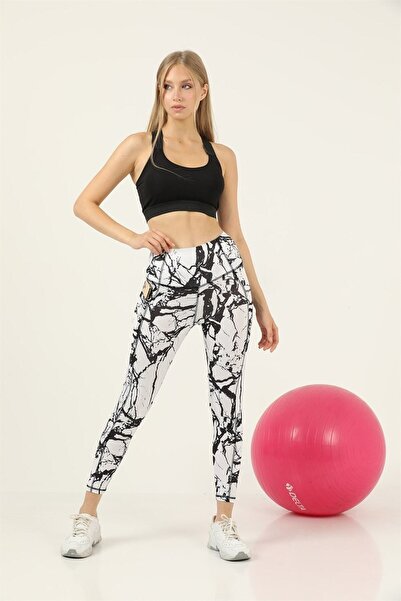 missmaral Colanți de damă cu talie înaltă dublu buzunar alb - negru cu model de marmură Digital 1058