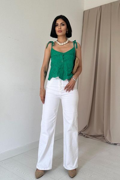 MRA Fashion Green Lace-Up Brode Blouse