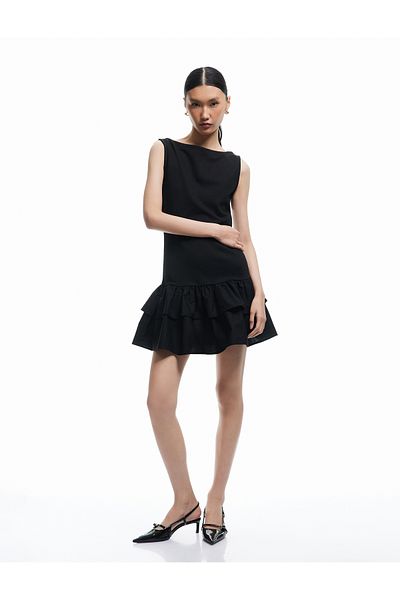 Koton Slim Fit Layered Ruffle Flounce Boat Neck Αμάνικο Μίνι Φόρεμα