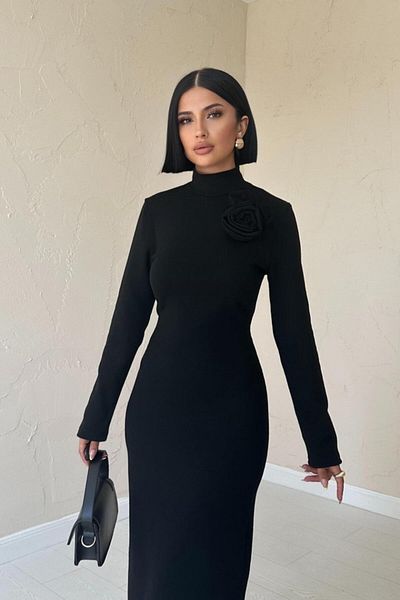JANES Rochie neagră cu umăr cu trandafiri