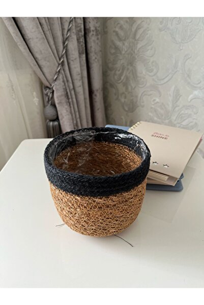 Sever Dekoratif Hasır Saksı Siyah, Çok Amaçlı Hasır Saksılık Sepet, Bahçe Düz...